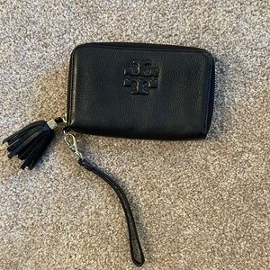 Tory Burch Black Leather Wristlet Wallet with Tassel Zipper